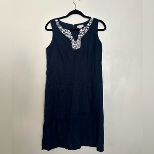 Charter Club Petite 100% Linen Sheath Dress Navy Beaded Trim Lined Sleeveless